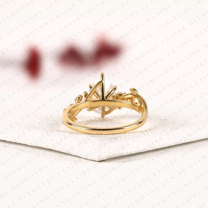 Pear Cut Lab Grown Diamond Engagement Ring, Nature Inspired Vine Band, Yellow Gold Floral Bridal Ring, Unique Wedding Ring for Women