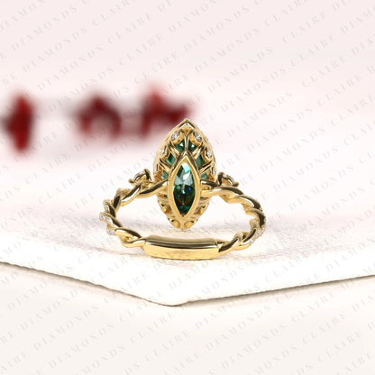 Marquise Cut Green Lab Grown Diamond Halo Engagement Ring | Twisted Vine Halo Yellow Gold Nature-Inspired Engagement Ring