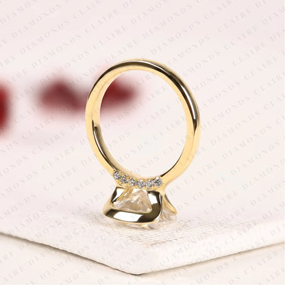 Oval Cut Lab Grown Diamond Hidden Halo Ring Engagement Ring, Yellow Gold, East West Ring, Half Bezel Solitaire Wedding Ring