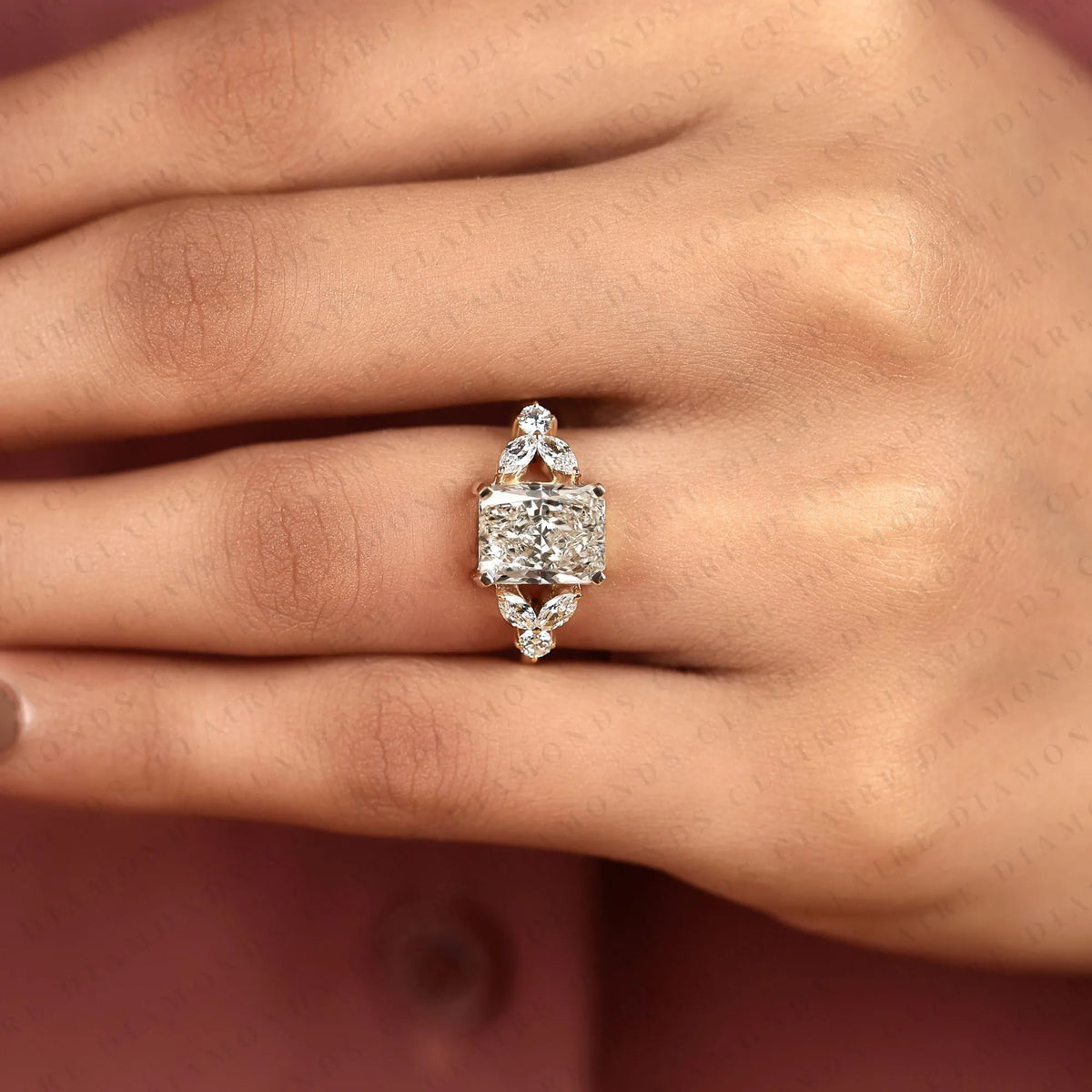 radiant cut lab grown diamond engagement ring | marquise & round diamond accents | sculpted yellow gold split shank bridal ring | modern luxury statement jewelry