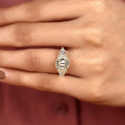Old Mine Elongated Cushion Cut Moissanite Engagement Ring, Milgrain Bezel Setting, Pear Side Stone Halo, Yellow Gold Vintage Inspired Bridal Ring