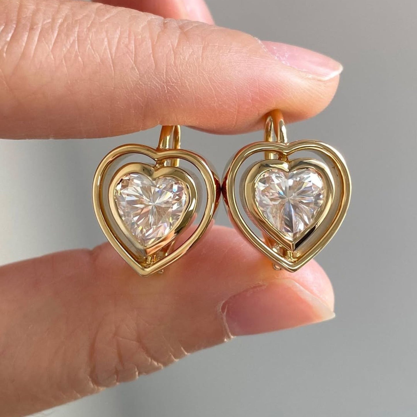 2.00 tcw heart shape moissanite diamond drop earrings in gold double heart halo dangle earrings for women minimalist romantic jewelry gift
