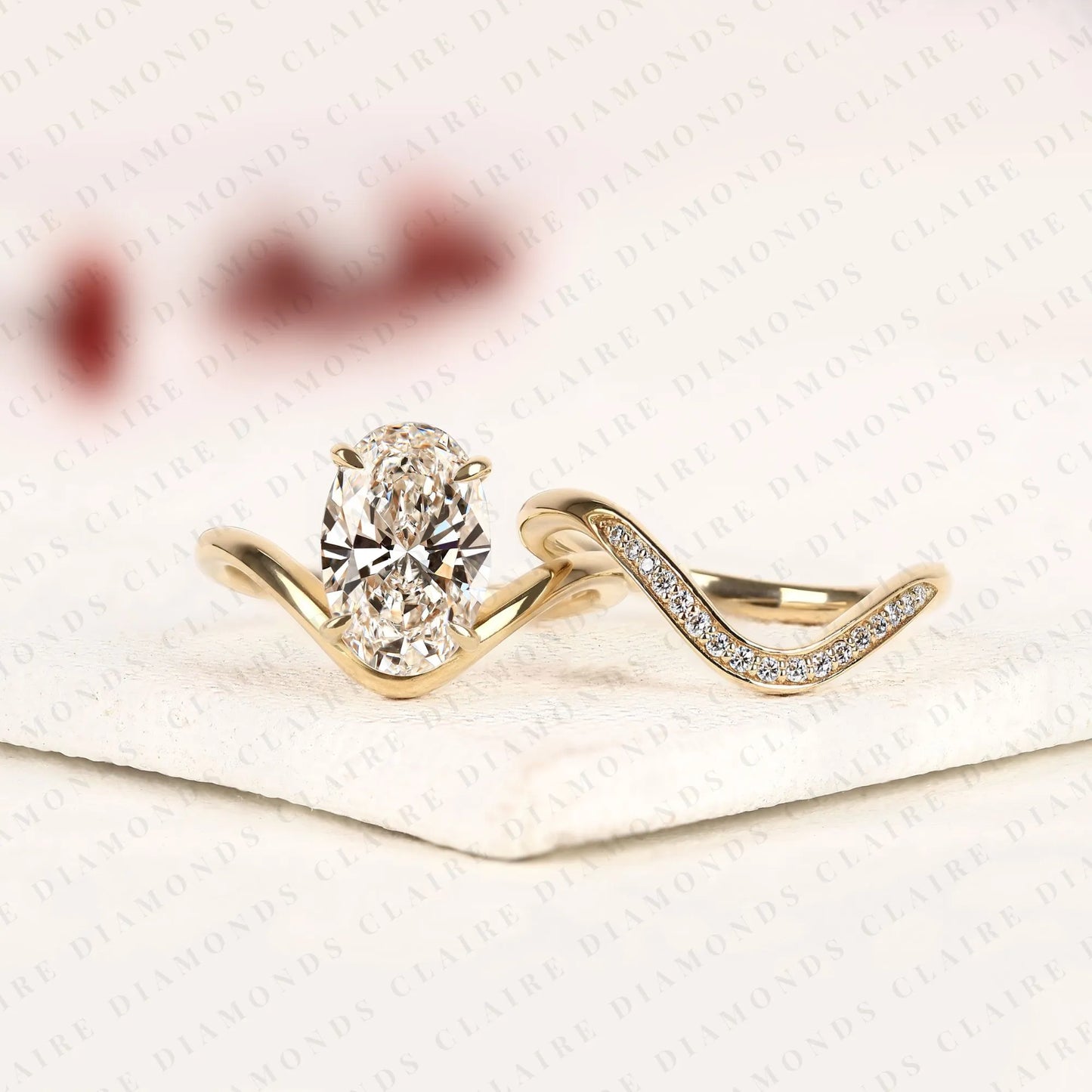 curved chevron wedding band set with elongated oval cut lab grown diamond ring | vintage v-shaped bridal set | unique anniversary ring for women