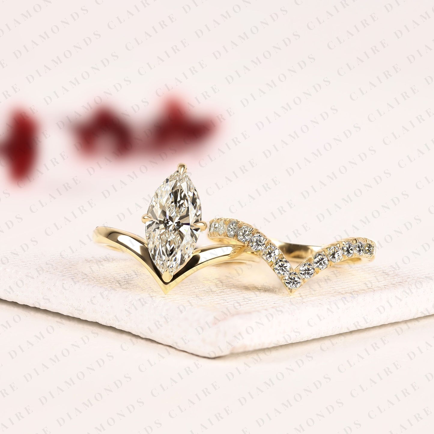 marquise cut lab grown diamond chevron bridal ring set in gold, curved band, yellow gold ring, engagement ring for women