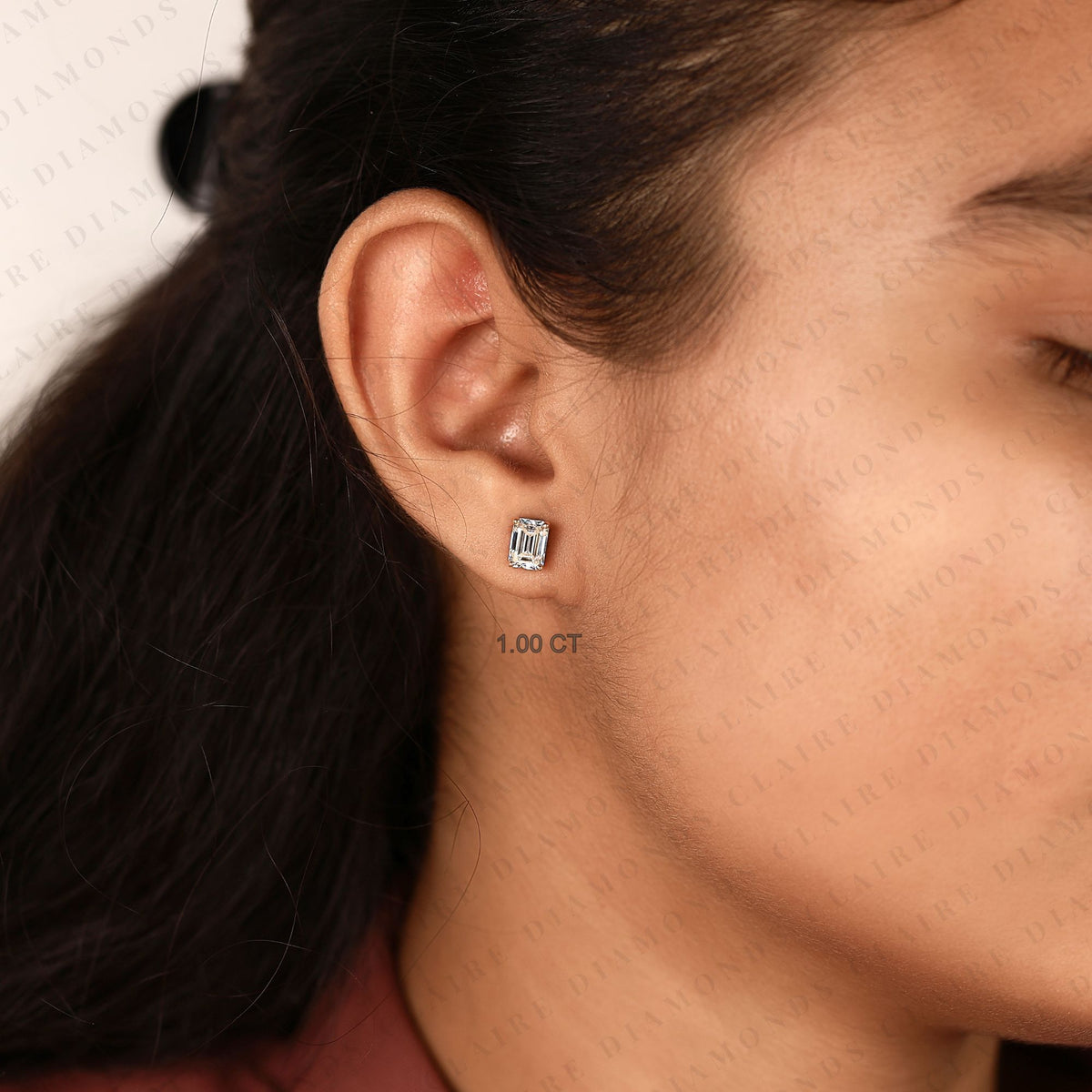 emerald cut moissanite diamond stud solitaire earrings, elegant diamond studs, modern minimalist diamond jewelry