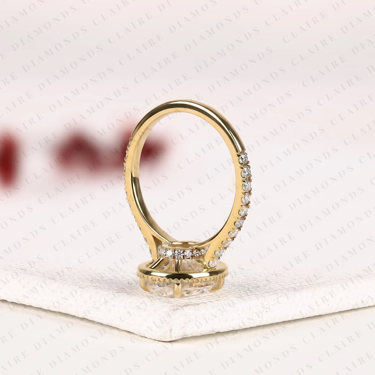 oval lab grown diamond hidden halo ring, pave engagement ring, yellow gold, pave band, oval wedding ring
