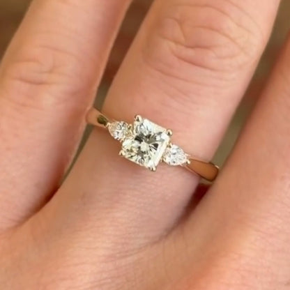 Elegant Cushion Cut Moissanite Diamond Three-Stone Ring in Gold Minimalist Engagement Ring