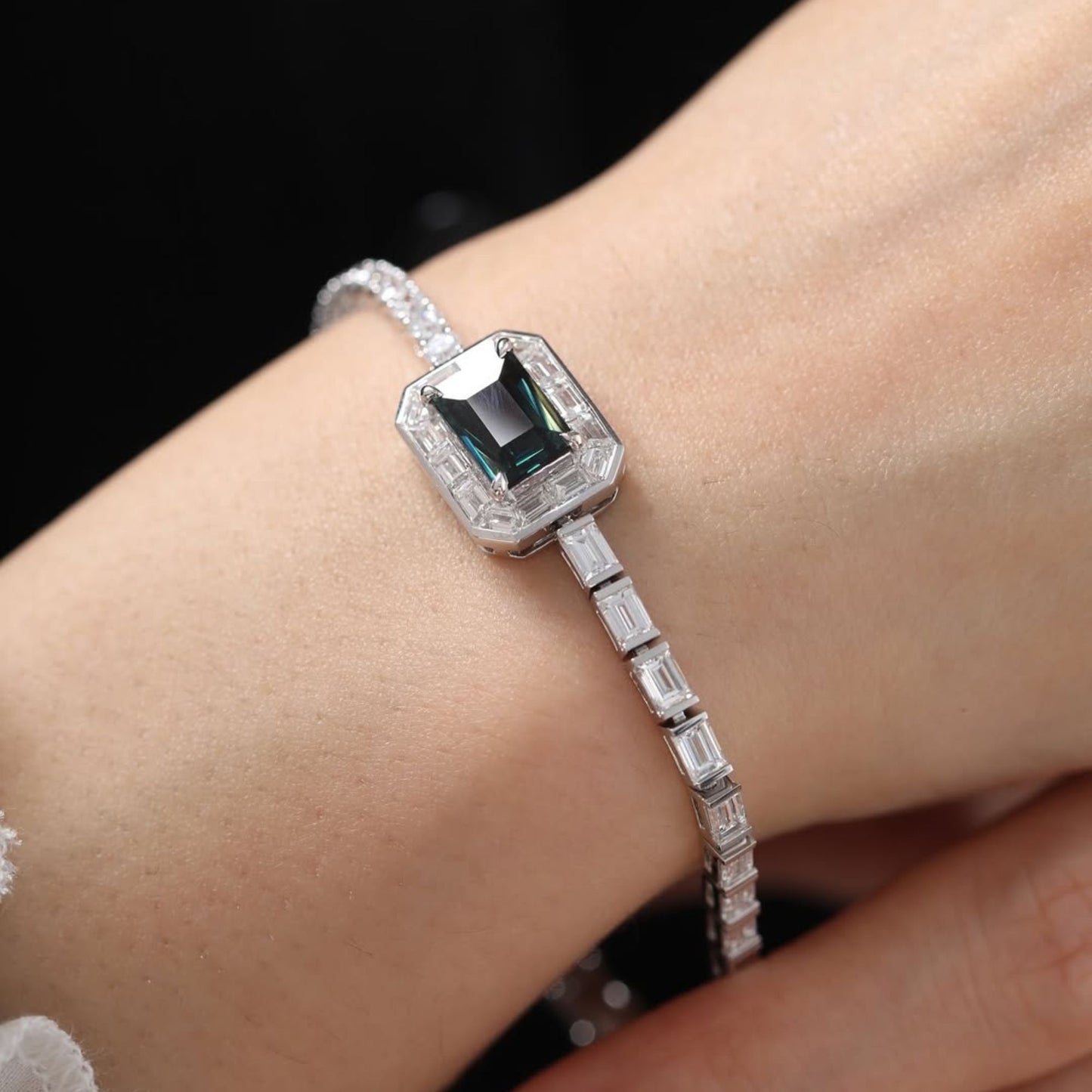 7.75 twc emerald cut green stone lab grown diamond halo bracelet in white gold baguette diamond tennis bracelet
