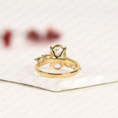 Nature Inspired Oval Cut Lab Grown Diamond Engagement Ring Side Stone Marquise Wedding Ring
