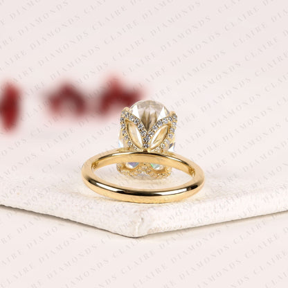 Oval Moissanite Diamond Engagement Ring in Gold | Hidden Halo Ring With Tulip Set Gold Ring.