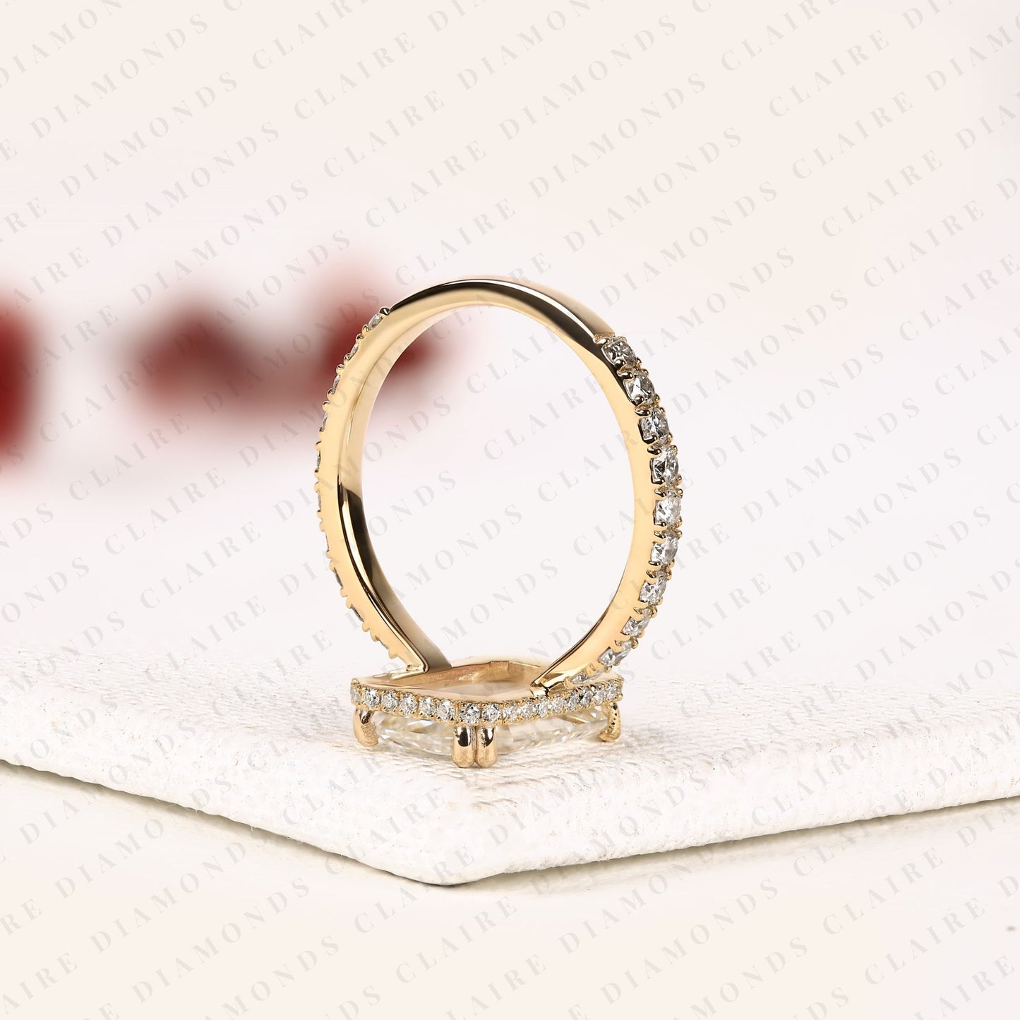 portrait cut lab grown diamond hidden halo engagement ring | yellow gold pave band four-prong basket setting