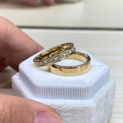 0.74 TCW Classic Gold Couple Band Set with Round Brilliant Moissanite Diamond Channel Setting