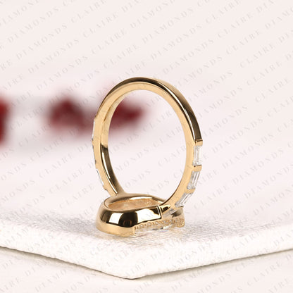 Cushion Rose Cut Lab Grown Diamond Bezel Ring with Baguette Side Stones | Hidden Halo Engagement Ring