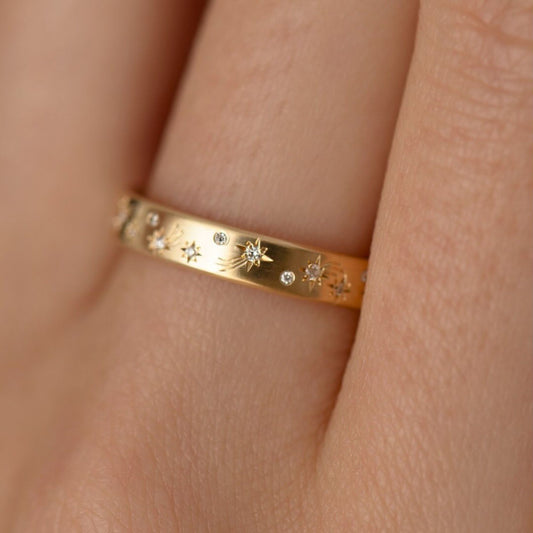 0.48 TCW Minimalist Celestial Starburst Lab Grown Diamond Band in Gold Dainty Cosmic Inspired Ring