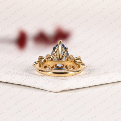 Pear Cut Blue Lab Grown Engagement Ring, Round Diamond Floral Side Stones, Yellow Gold Nature-Inspired Bridal Ring