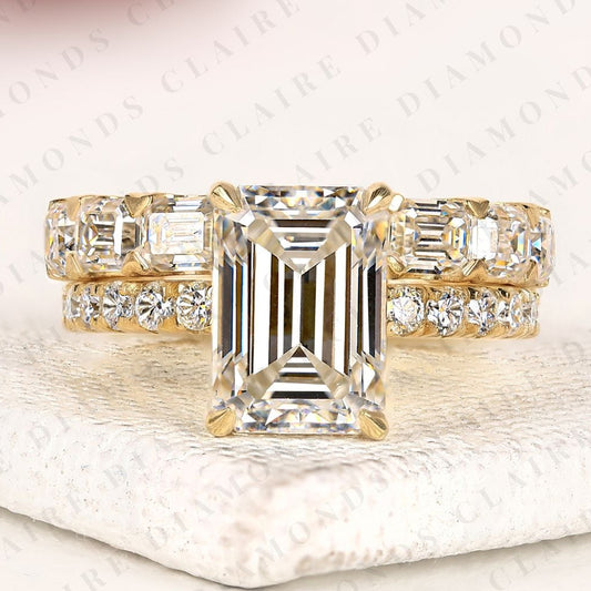 Art Deco Inspired Emerald Cut Lab Grown Diamond Engagement Ring Set with Double Diamond Bands and Elegant Vintage Charm