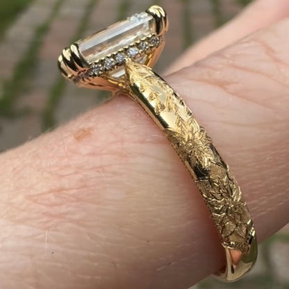 Double Claw Prong Emerald Lab Grown Vintage Engagement Ring Engraved Band Art Deco Gold Wedding Ring