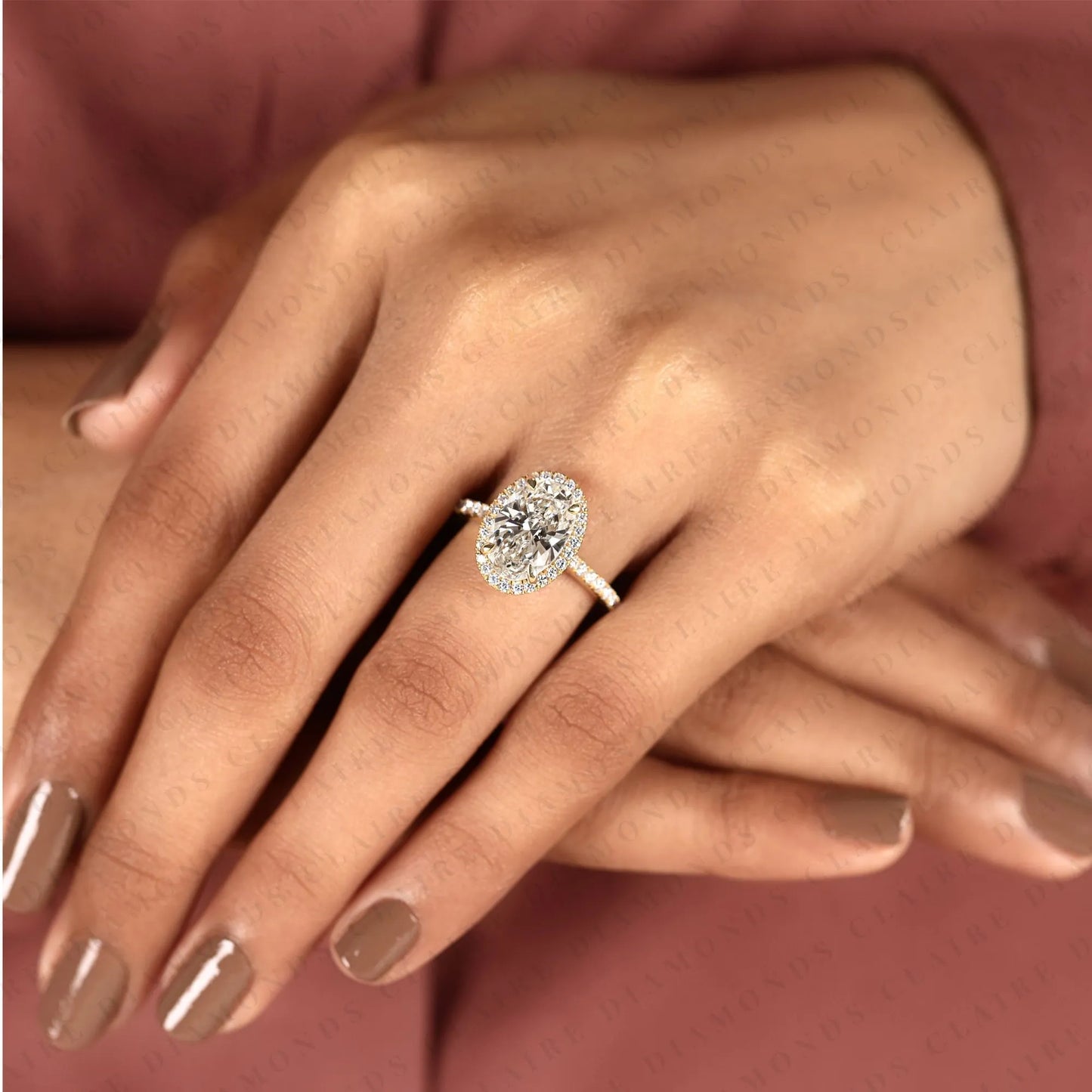 oval lab grown diamond hidden halo ring, pave engagement ring, yellow gold, pave band, oval wedding ring