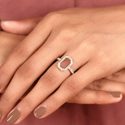 Portrait Cut Lab Grown Diamond Hidden Halo Engagement Ring | Yellow Gold Pave Band Four-Prong Basket Setting