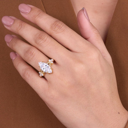 Vintage Lab Grown Marquise Cut Diamond Ring with Elegant Floral Inspired Detailing and Timeless Sparkling Statement Design