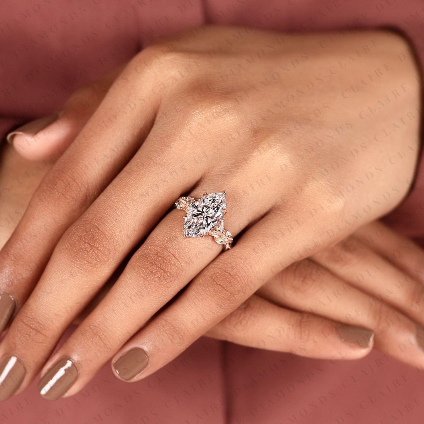 marquise cut moissanite diamond engagement ring with twisted vine pave band in rose gold, hidden halo ring, vintage style ring