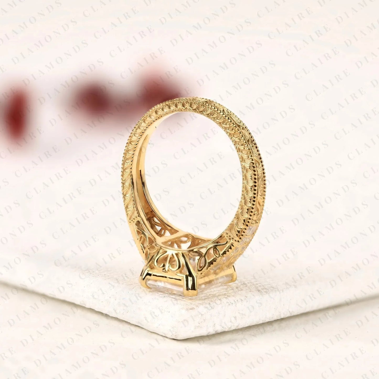 radiant cut lab grown diamond engagement ring vintage milgrain split shank pave diamond ring unique bridal ring for women