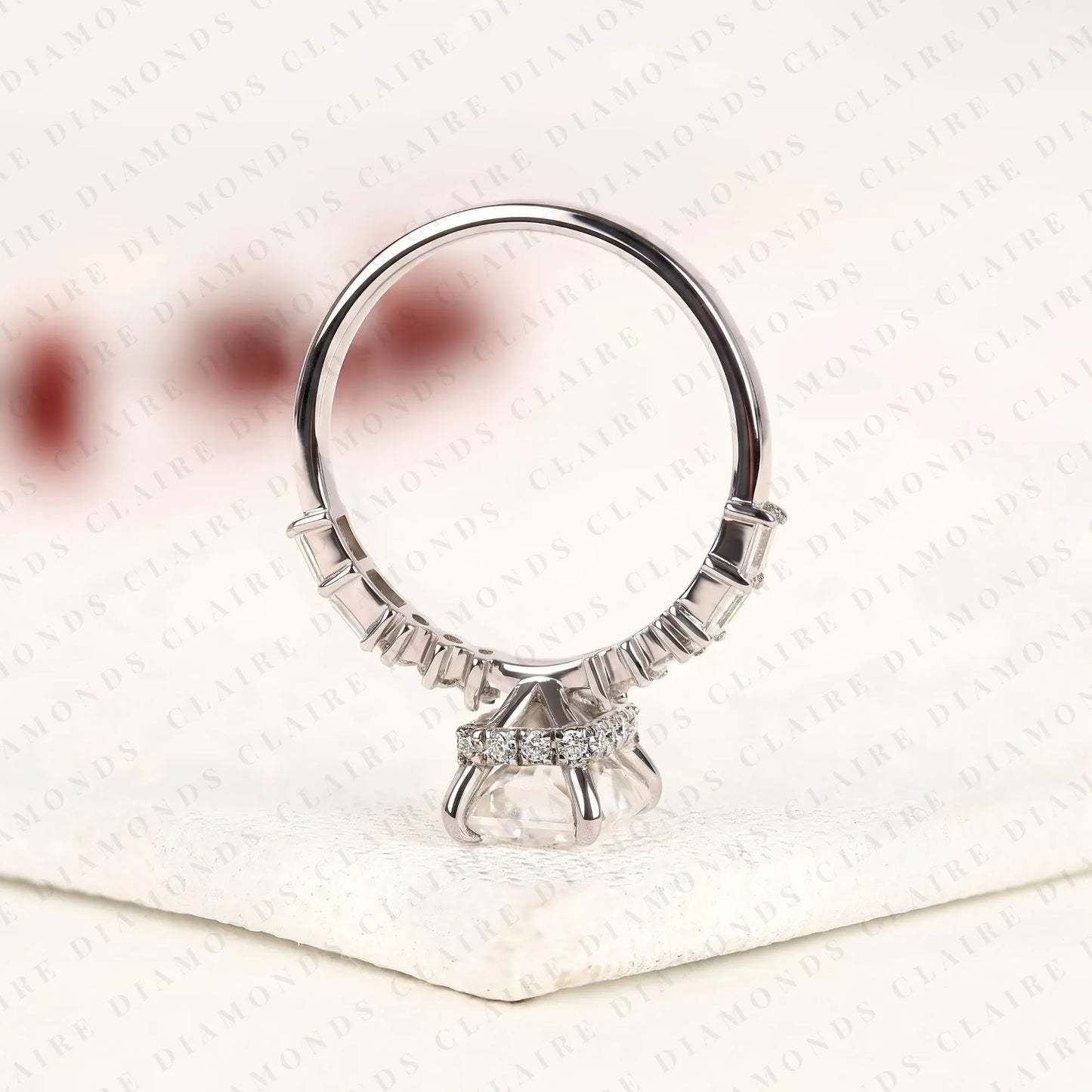 radiant cut lab grown diamond engagement ring with round and baguette side stone accents