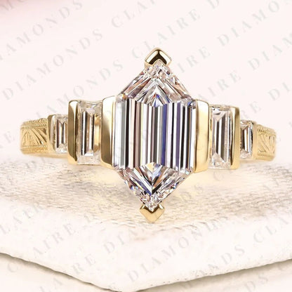 Hexagon Cut Moissanite Diamond Engagement Ring Art Deco Step Cut Ring Vintage Engraved Gold Ring Baguette Side Stone Bridal Ring.