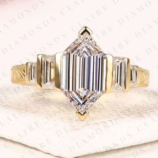 Hexagon Cut Moissanite Diamond Engagement Ring Art Deco Step Cut Ring Vintage Engraved Gold Ring Baguette Side Stone Bridal Ring.