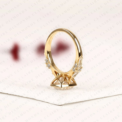 Old Mine Elongated Cushion Cut Lab Grown Diamond Engagement Ring Yellow Gold Bezel Ring with Baguette Side Stone Modern Luxury Bridal Jewelry