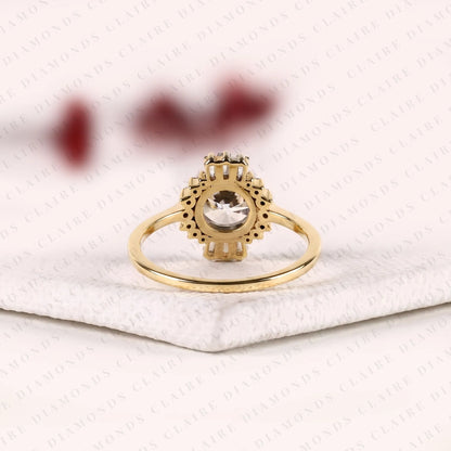 Round Cut Lab Grown Diamond Halo Engagement Ring Baguette Accent Vintage Inspired Bridal Ring Unique Luxury Jewelry