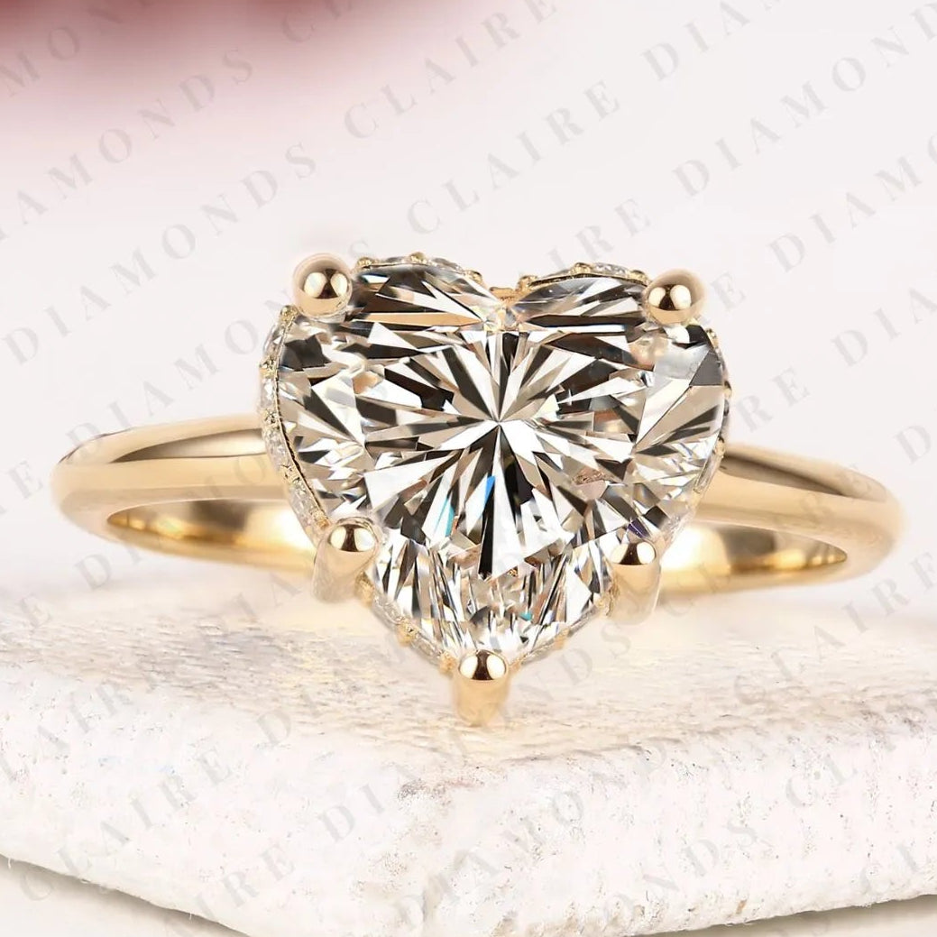 heart cut moissanite diamond engagement ring gold hidden halo ring romantic bridal jewelry minimalist promise ring.