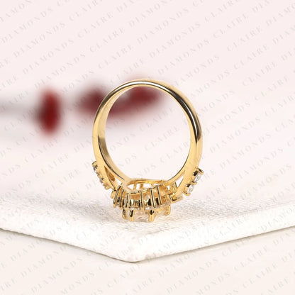 Marquise Cut Moissanite Diamond Engagement Ring Floral Halo with Baguette Accents Yellow Gold Vintage Inspired Bridal Ring