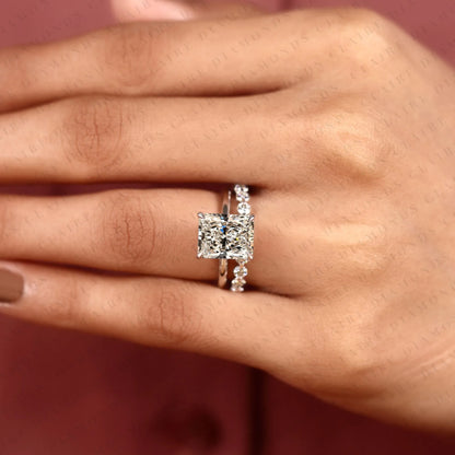 Radiant Cut Lab Grown Diamond Engagement Ring with White Gold Pavé Band | Elongated Radiant Center Stone Modern Classic Bridal Ring Set