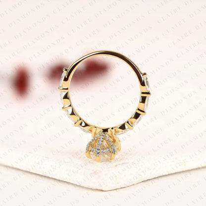 Marquise Cut Moissanite Diamond Engagement Ring Yellow Gold Side Stone Ring Anniversary Ring.