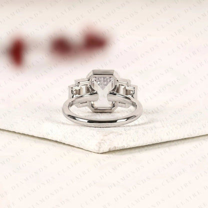 Emerald Cut Three Stone Lab Grown Diamond Engagement Ring Bezel Set Emerald Diamond Ring with Tapered Baguette Side Stones Luxury Bridal Ring