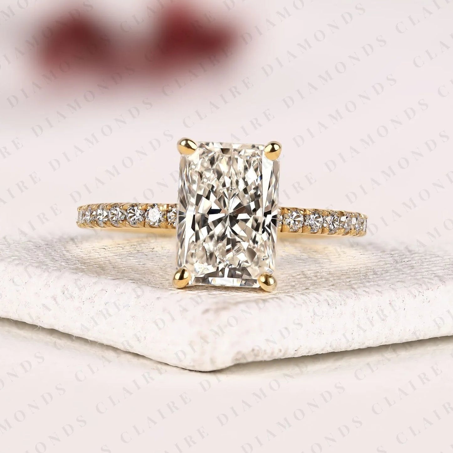 radiant cut moissanite diamond engagement ring with pave band in gold hidden halo ring