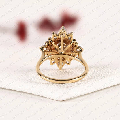 Round Cut Lab Grown Diamond Halo Engagement Ring Floral Sunburst Design with Pear Diamond Accents in Gold