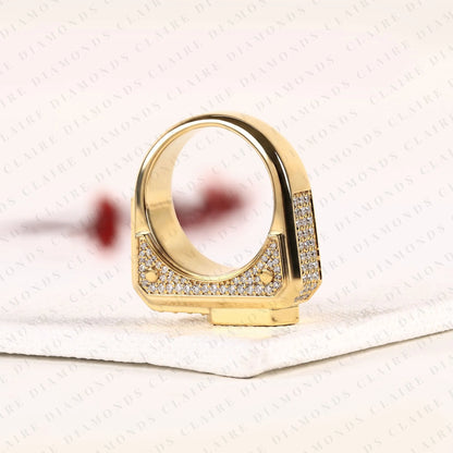 Luxury Baguette Cut Moissanite Diamond Engagement Ring in Gold With Round Accent Side Diamonds For Men.