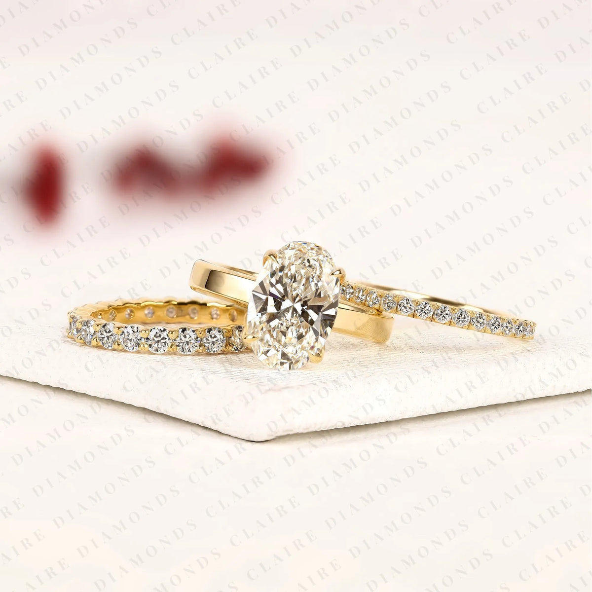 oval cut lab grown diamond bridal set hidden halo engagement ring with matching wedding band yellow gold oval ring pave diamond bridal ring set igi certified wedding jewelry