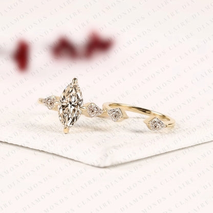 Marquise Cut Lab Grown Diamond Engagement Ring Bridal Set with Kite Cut Three Stone Ring Modern Unique Bridal Jewelry