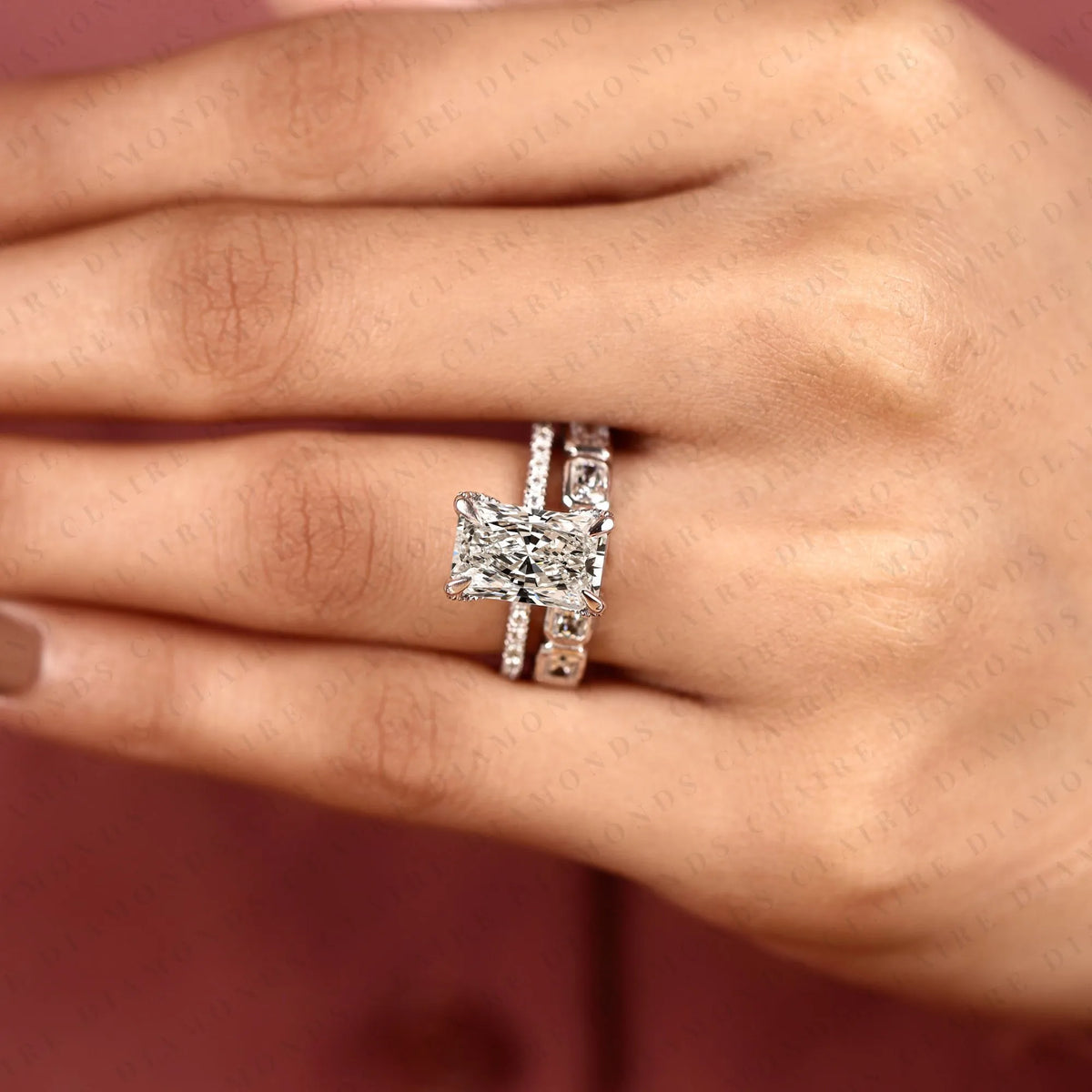 radiant cut lab grown diamond engagement ring double band bridal set with pave diamond accents modern luxury white gold wedding ring