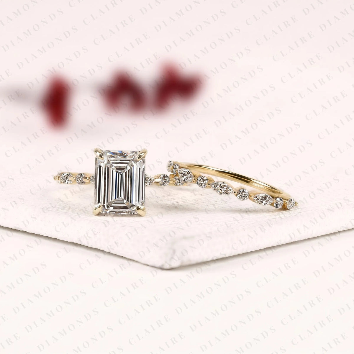 emerald cut lab grown diamond engagement ring bridal set ring with pavé diamond band modern unique bridal jewelry