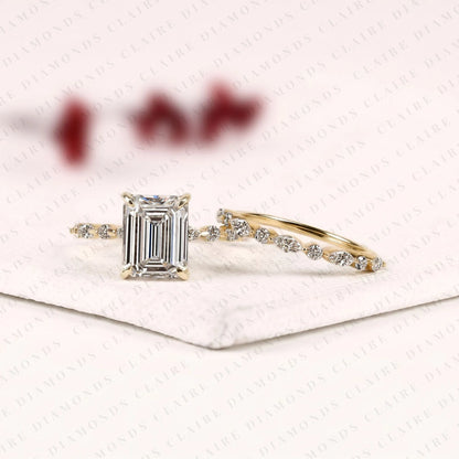 Emerald Cut Lab Grown Diamond Engagement Ring Bridal Set Ring with Pavé Diamond Band Modern Unique Bridal Jewelry
