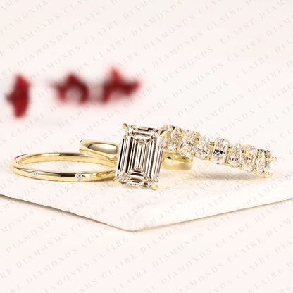 Emerald Cut Lab Grown Diamond Engagement Ring Set Double Band Bridal Set Three Row Diamond Ring Luxury Gold Jewelry