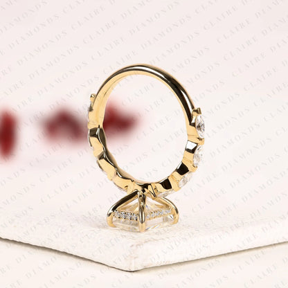 Radiant Cut Lab Grown Diamond Hidden Halo Engagement Ring in Yellow Gold Marquise Accent Band