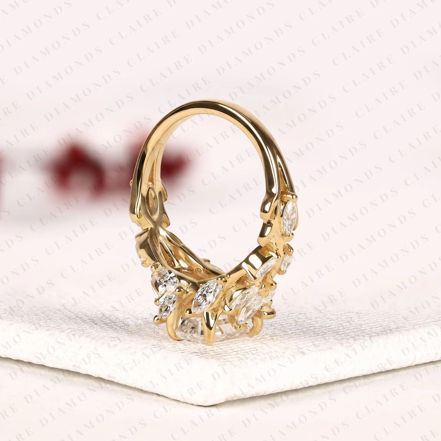 modified emerald cut lab grown diamond engagement ring floral vintage halo ring unique gold bridal ring statement wedding jewelry