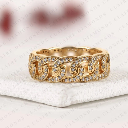 0.67 TCW Round Lab Grown Diamond Band Gold Scroll Design Wedding Band Intricate Diamond Anniversary Band