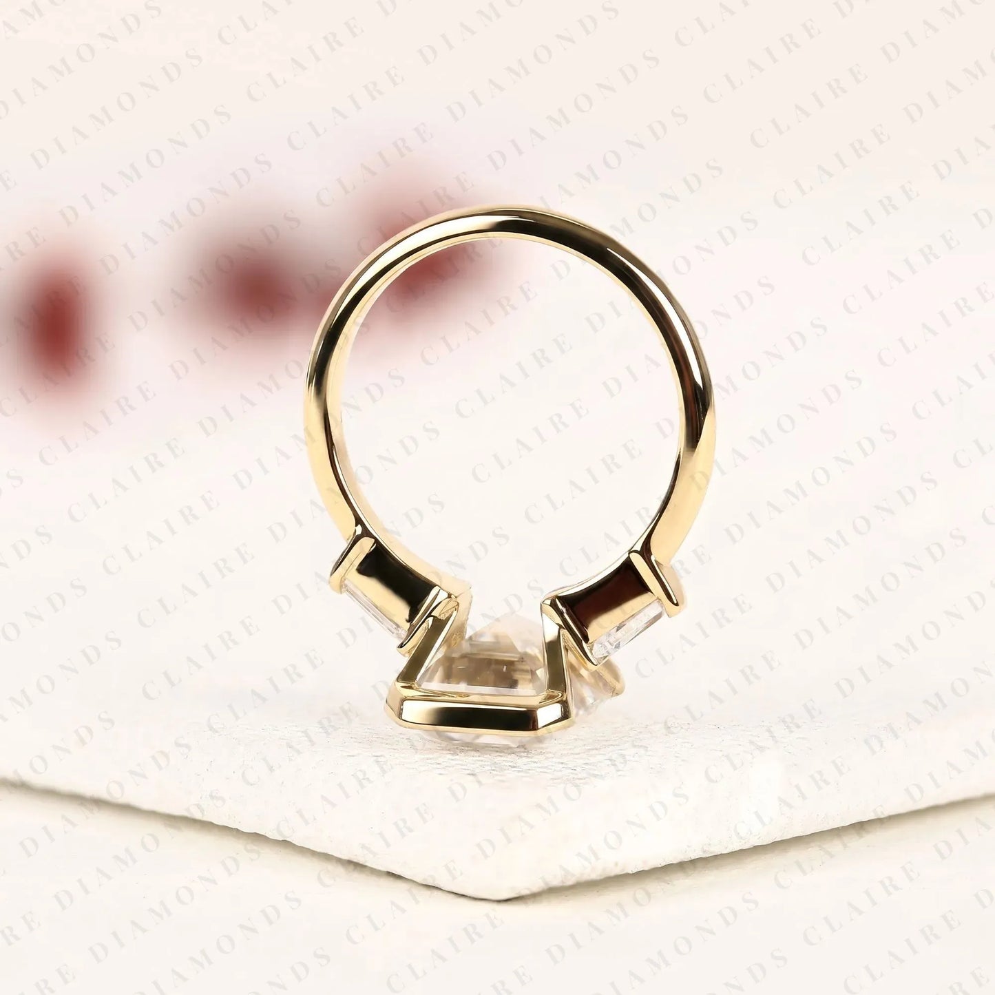emerald cut lab grown diamond past, present & future gold ring ,half bezel & three tone engagement ring with tapered baguette side diamonds ring.