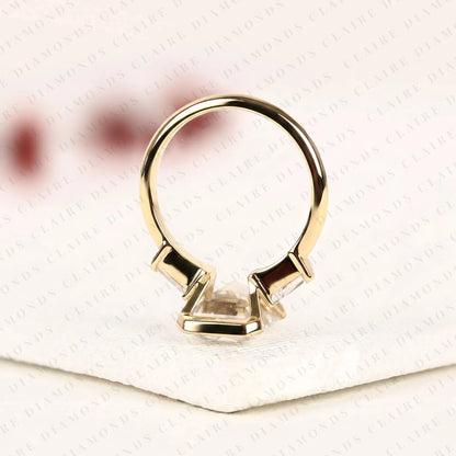 Emerald Cut Lab Grown Diamond Past, Present & Future Gold Ring ,Half Bezel & Three tone Engagement Ring With Tapered Baguette Side Diamonds Ring.